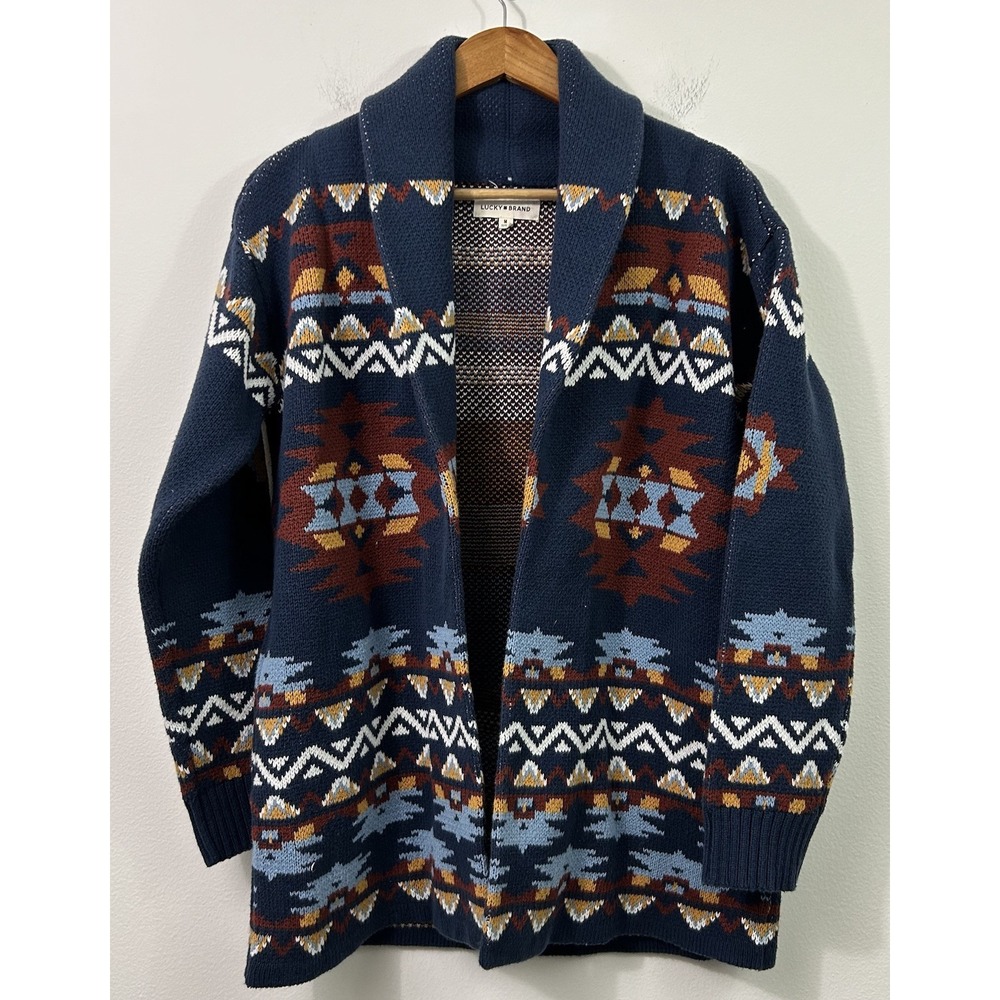 Lucky Brand Womens Cardigan Sweater Size M Multicolor Aztec Coatigan Long Sleeve